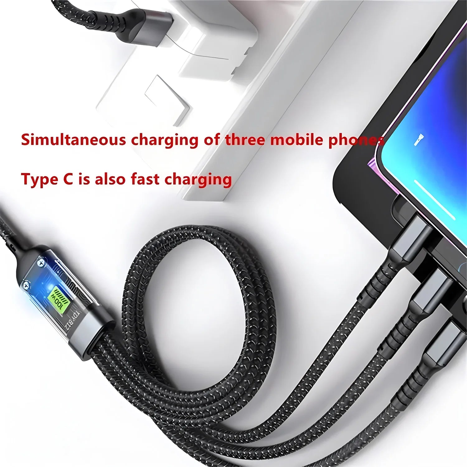 Cavo di Ricarica Rapida 100W 3 in 1 – USB-C, Lightning, Micro USB | Nylon Intrecciato