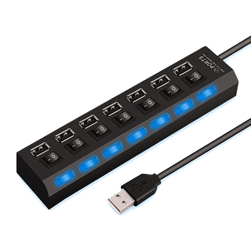 Hub USB 2.0 Alta Velocità 4/7 Porte con LED e Switch – Splitter per PC e Laptop | Nero o Bianco