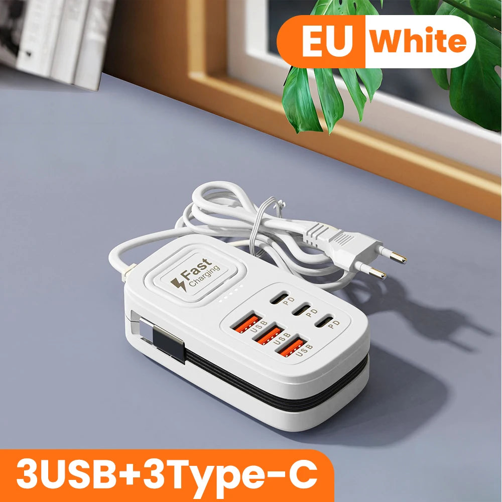 Ciabatta USB 6 Porte con Ricarica Rapida – 3 USB + 3 USB-C | Spina EU/UK/US