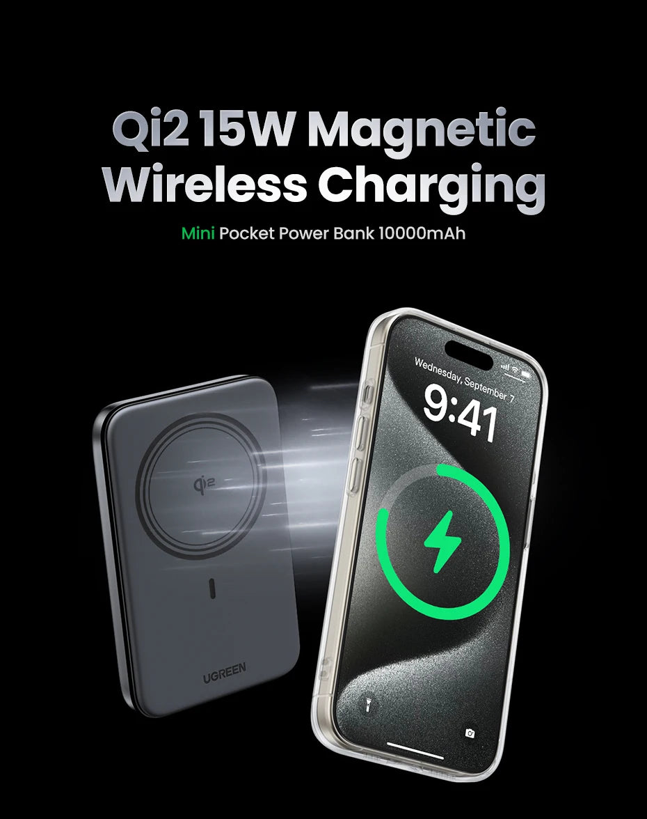 UGREEN Power Bank Magnetico 10000mAh Qi2 – Ricarica Wireless 15W + Cablata 30W/20W per iPhone 17 16 15 Pro Max