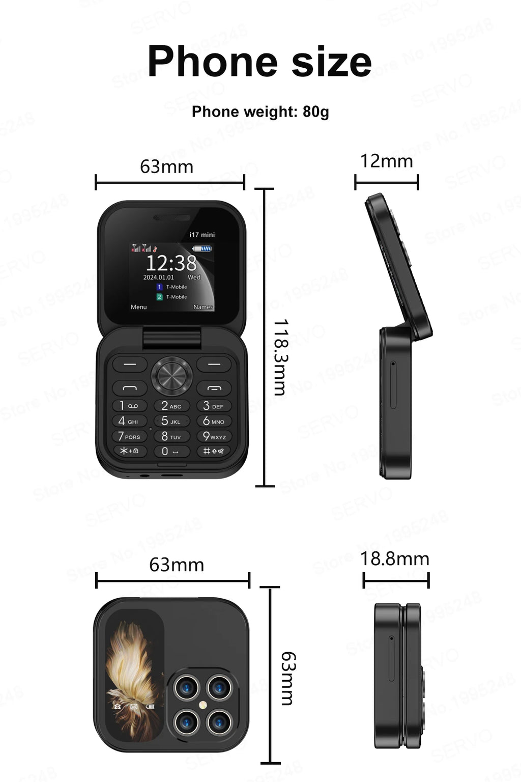 SERVO i17 Mini Telefono Pieghevole Dual SIM 2G – Schermo 1,77”, Bluetooth, Radio FM, Torcia, USB-C