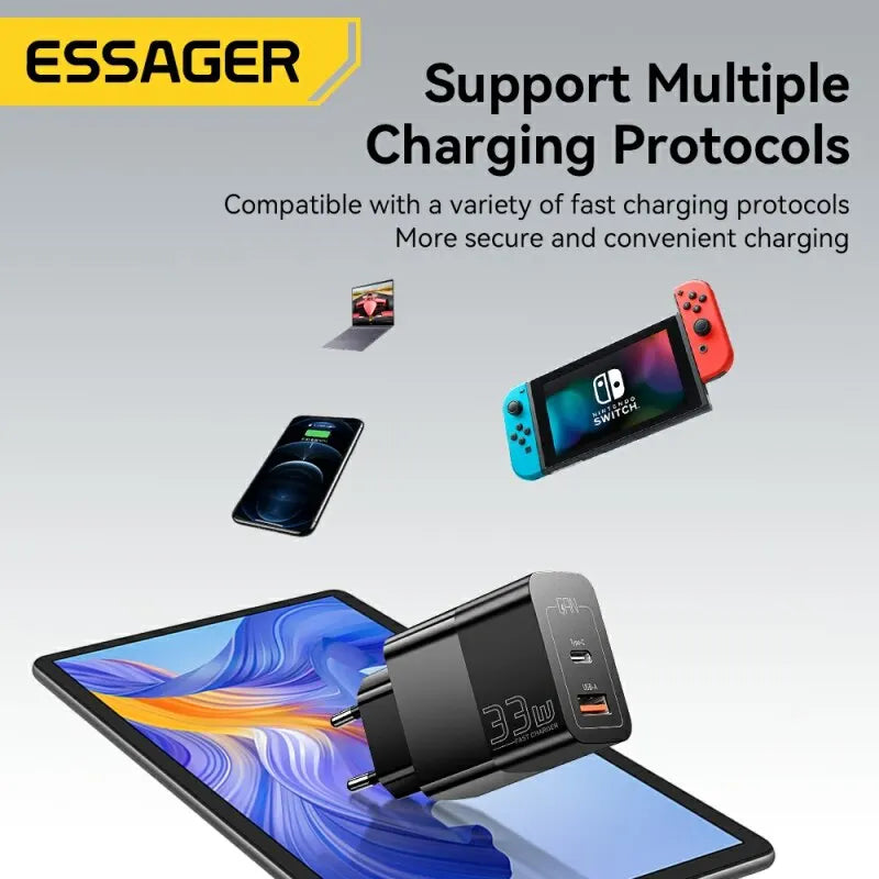 Caricatore USB-C GaN 33W Essager – Ricarica Rapida PD per iPhone 14 13 12 11 Pro Max, iPad, Xiaomi, Samsung