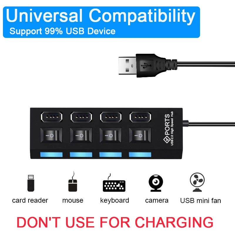 Hub USB 2.0 Alta Velocità 4/7 Porte con LED e Switch – Splitter per PC e Laptop | Nero o Bianco