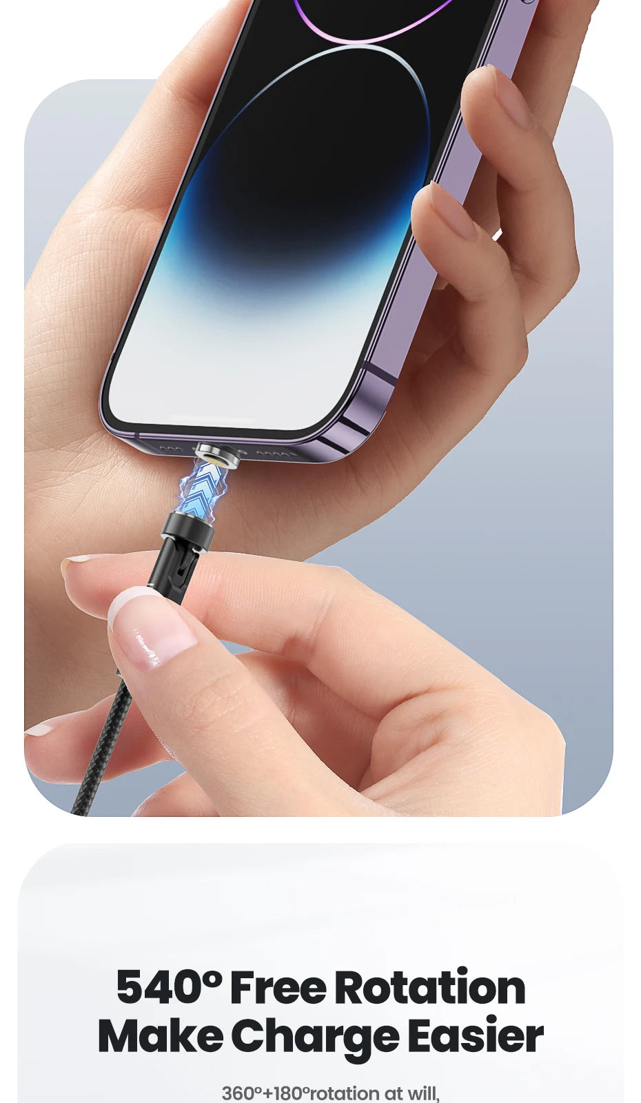Cavo Magnetico Toocki 540° Rotante – Ricarica Rapida 3A | USB-C, Lightning, Micro USB | 1m o 2m