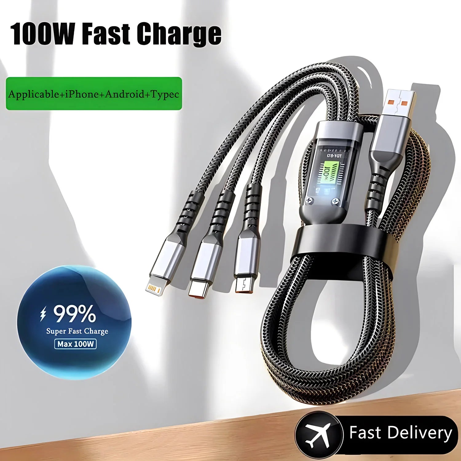 Cavo di Ricarica Rapida 100W 3 in 1 – USB-C, Lightning, Micro USB | Nylon Intrecciato