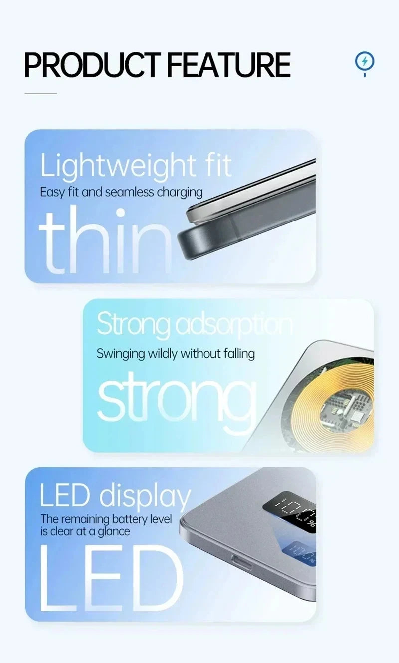 Power Bank Magnetico MagSafe Ultra Slim con Display LED – Ricarica Rapida 120W – iPhone 12 / 13 / 14 / 15 / 16 e Android
