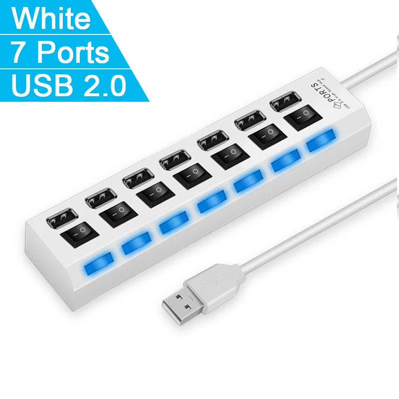 Hub USB 2.0 Alta Velocità 4/7 Porte con LED e Switch – Splitter per PC e Laptop | Nero o Bianco
