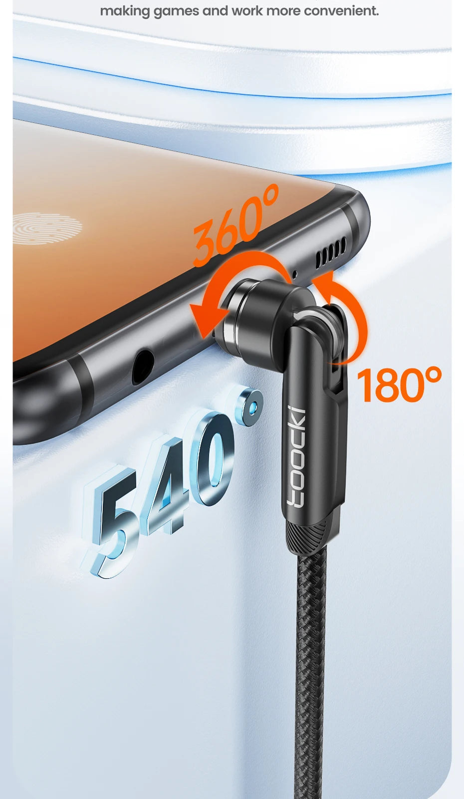 Cavo Magnetico Toocki 540° Rotante – Ricarica Rapida 3A | USB-C, Lightning, Micro USB | 1m o 2m