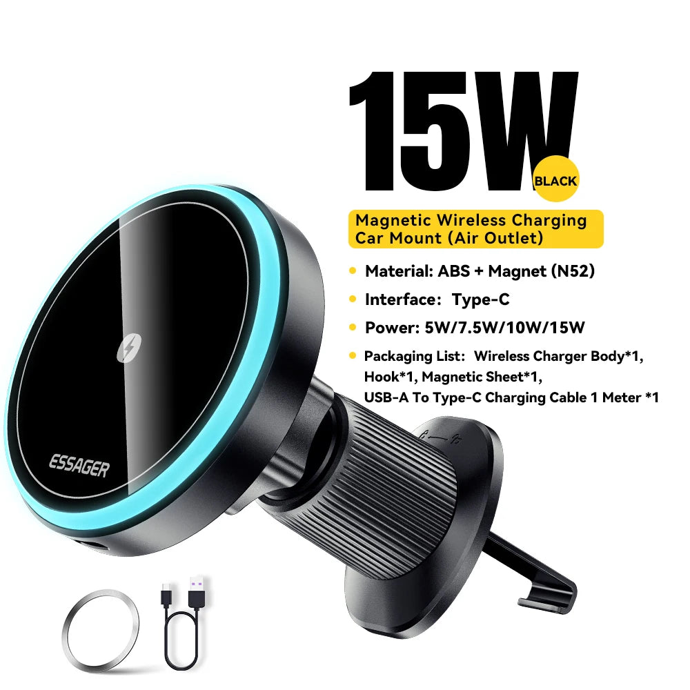 Supporto Auto Magnetico MagSafe 15W con Carica Wireless – Per iPhone 17 16 15 14 | Luce LED