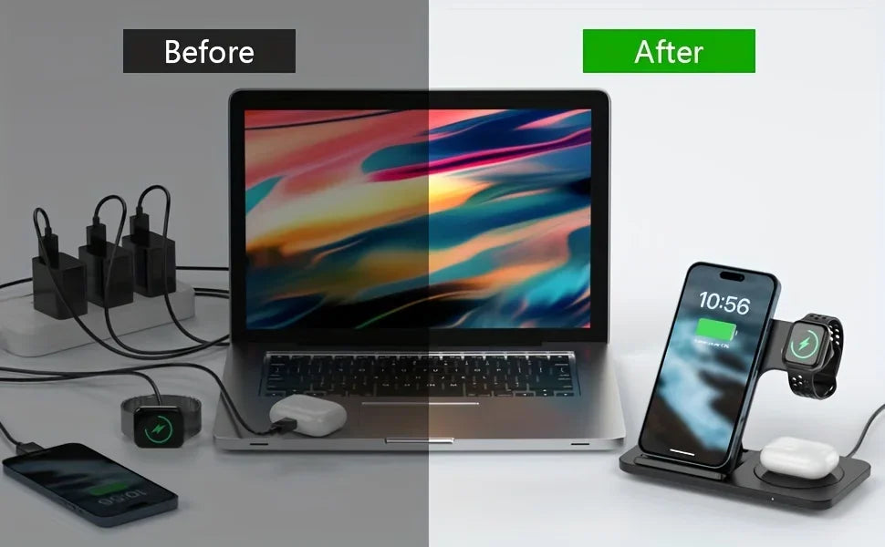 Stazione di Ricarica Wireless 3 in 1 Pieghevole – 15W | iPhone 17-12 + Apple Watch + AirPods