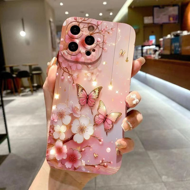 Cover Antiurto Farfalle e Fiori per iPhone 11 12 13 14 15 16 17 Air Pro Max 16E XR XS X 7 8 Plus SE2 – Opaca
