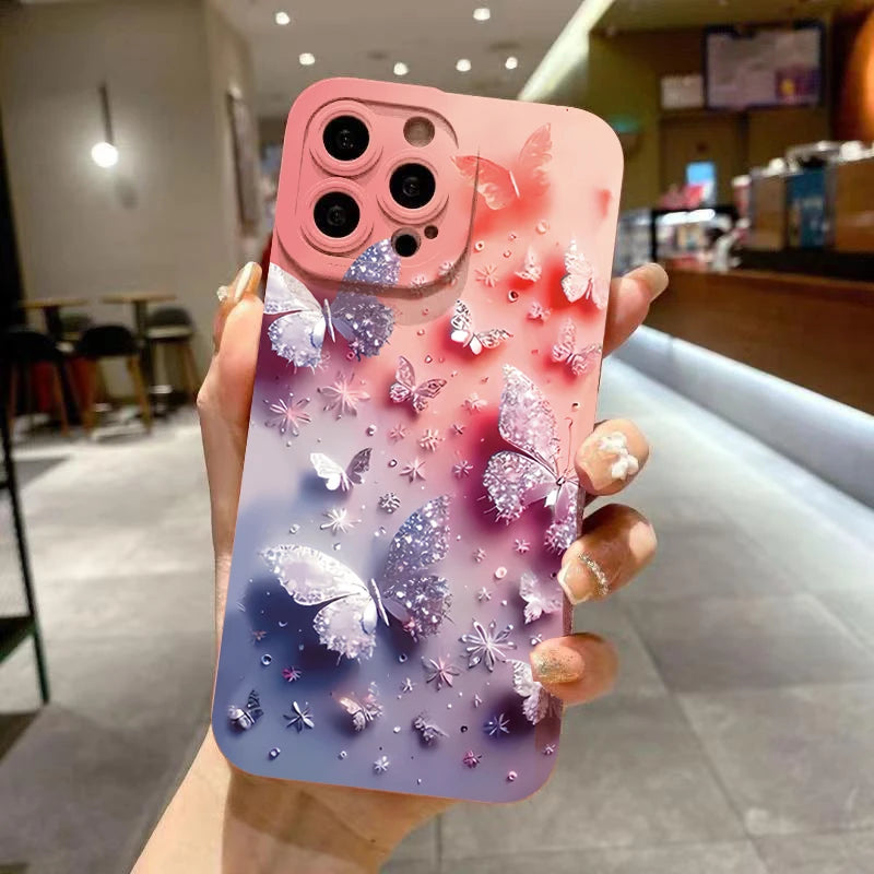 Cover Antiurto Farfalle e Fiori per iPhone 11 12 13 14 15 16 17 Air Pro Max 16E XR XS X 7 8 Plus SE2 – Opaca