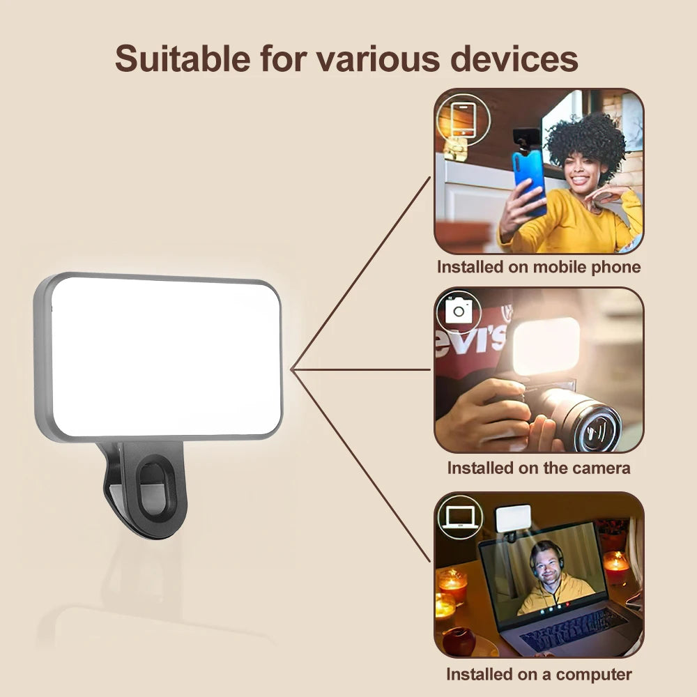 Mini Luce Fill Light LED Ricaricabile – 3 Modalità di Luminosità – Selfie, Fotografia e Videoconferenza per Smartphone e PC