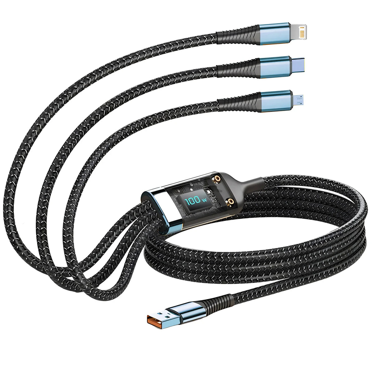 Cavo di Ricarica Rapida 100W 3 in 1 – USB-C, Lightning, Micro USB | Nylon Intrecciato