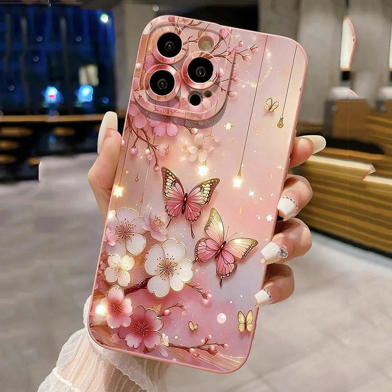 Cover Antiurto Farfalle e Fiori per iPhone 11 12 13 14 15 16 17 Air Pro Max 16E XR XS X 7 8 Plus SE2 – Opaca