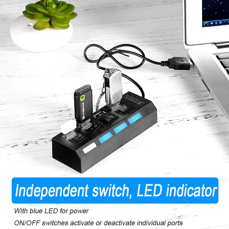 Hub USB 2.0 Alta Velocità 4/7 Porte con LED e Switch – Splitter per PC e Laptop | Nero o Bianco
