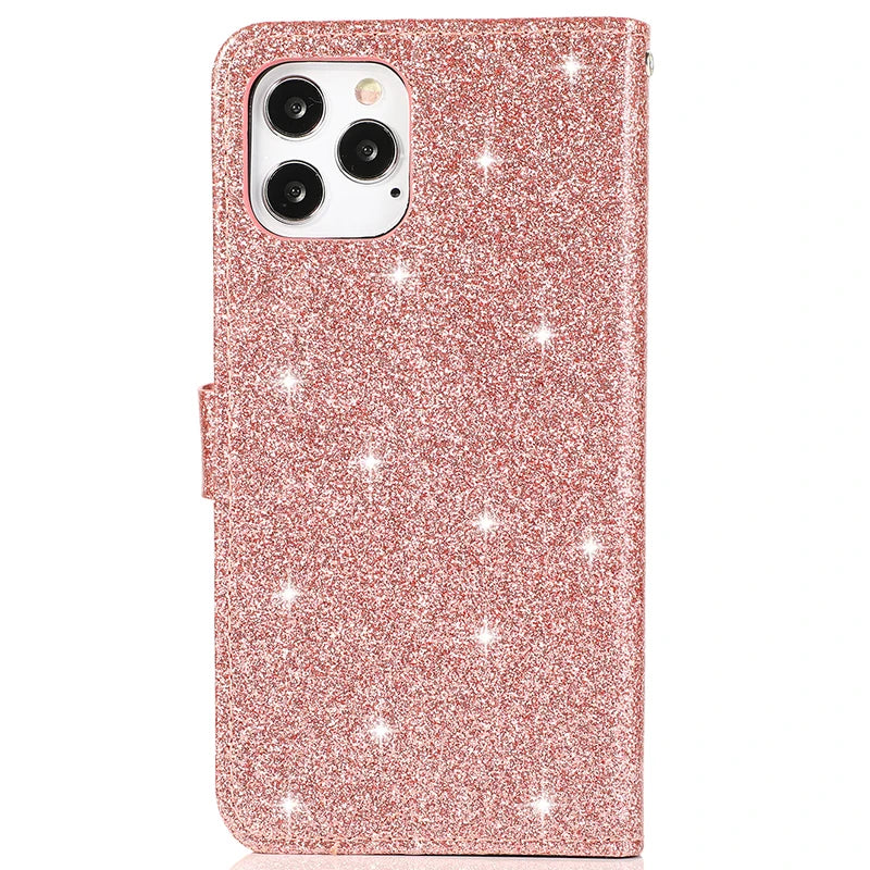 Custodia Shiny con Portafoglio per iPhone 17 ProMax Air 16E 15 Plus 14 13 Pro Max 12 Mini 11 Pro XR XS Max – Cover Flip in Pelle con Glitter