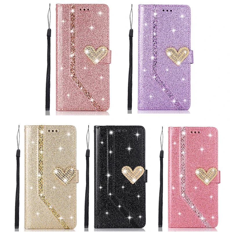 Custodia Shiny con Portafoglio per iPhone 17 ProMax Air 16E 15 Plus 14 13 Pro Max 12 Mini 11 Pro XR XS Max – Cover Flip in Pelle con Glitter