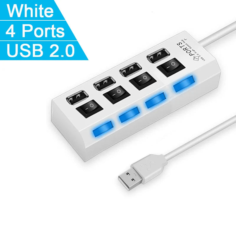 Hub USB 2.0 Alta Velocità 4/7 Porte con LED e Switch – Splitter per PC e Laptop | Nero o Bianco