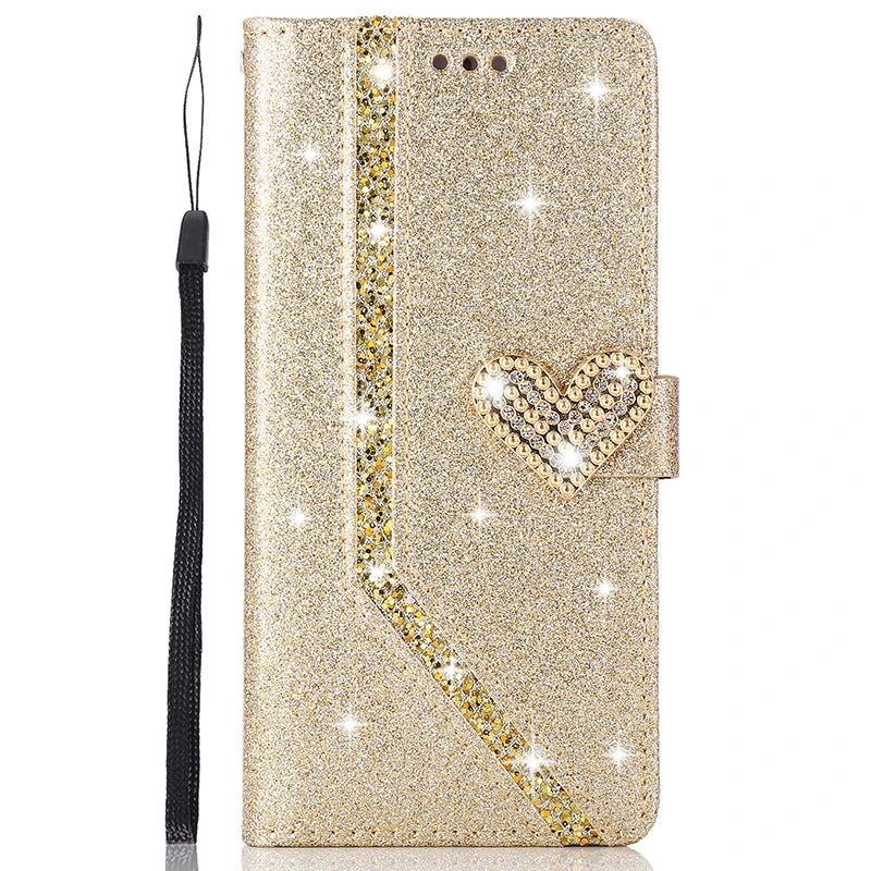 Custodia Shiny con Portafoglio per iPhone 17 ProMax Air 16E 15 Plus 14 13 Pro Max 12 Mini 11 Pro XR XS Max – Cover Flip in Pelle con Glitter