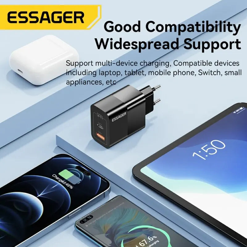 Caricatore USB-C GaN 33W Essager – Ricarica Rapida PD per iPhone 14 13 12 11 Pro Max, iPad, Xiaomi, Samsung