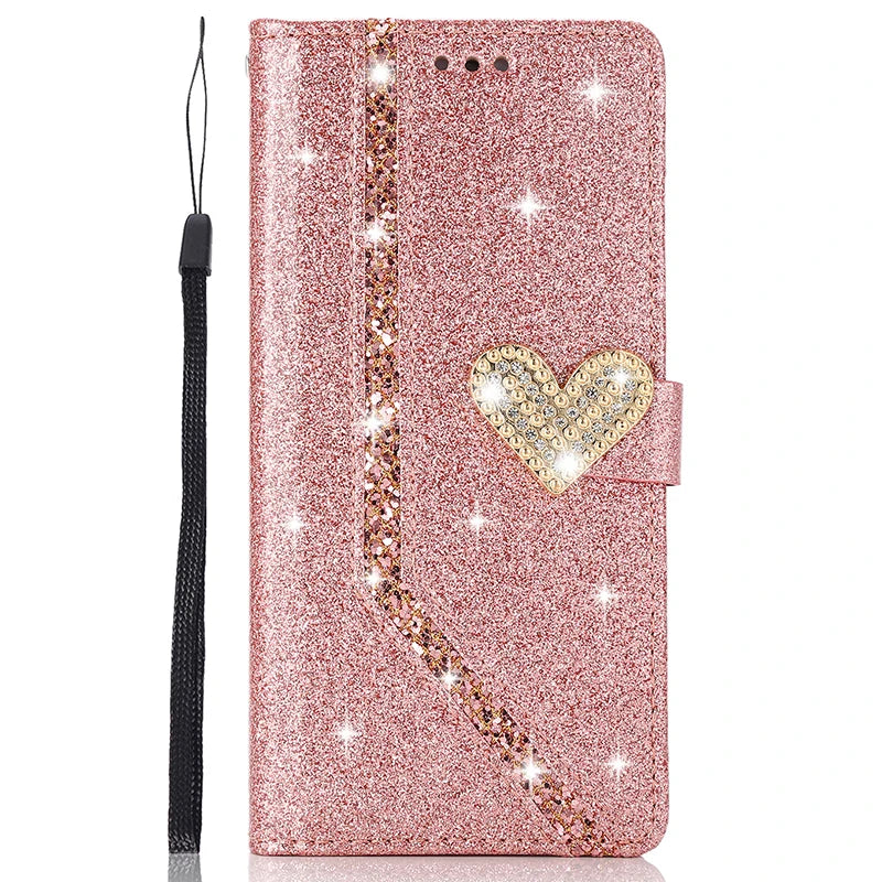Custodia Shiny con Portafoglio per iPhone 17 ProMax Air 16E 15 Plus 14 13 Pro Max 12 Mini 11 Pro XR XS Max – Cover Flip in Pelle con Glitter