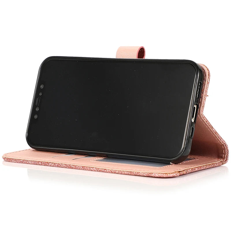 Custodia Shiny con Portafoglio per iPhone 17 ProMax Air 16E 15 Plus 14 13 Pro Max 12 Mini 11 Pro XR XS Max – Cover Flip in Pelle con Glitter