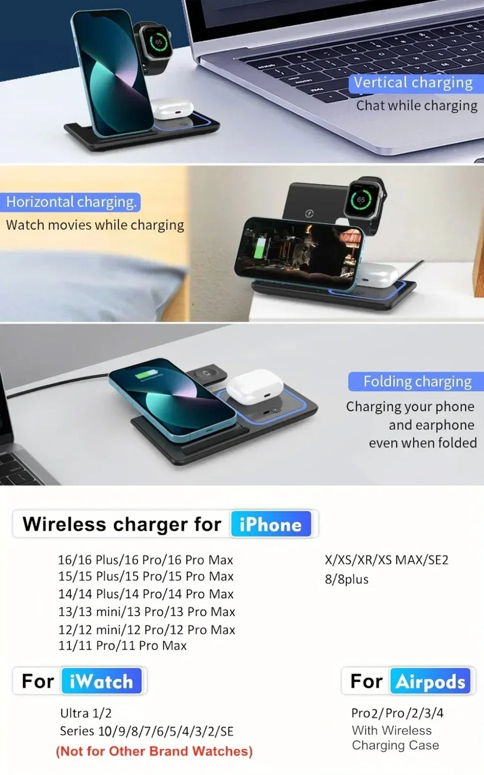 Stazione di Ricarica Wireless 3 in 1 Pieghevole – 15W | iPhone 17-12 + Apple Watch + AirPods