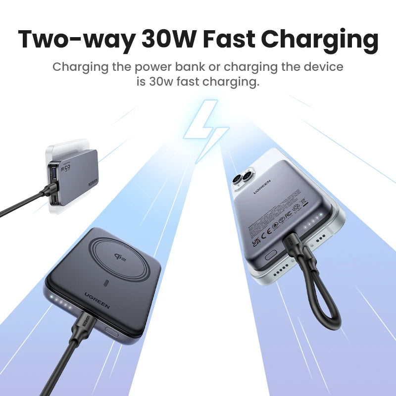 UGREEN Power Bank Magnetico 10000mAh Qi2 – Ricarica Wireless 15W + Cablata 30W/20W per iPhone 17 16 15 Pro Max