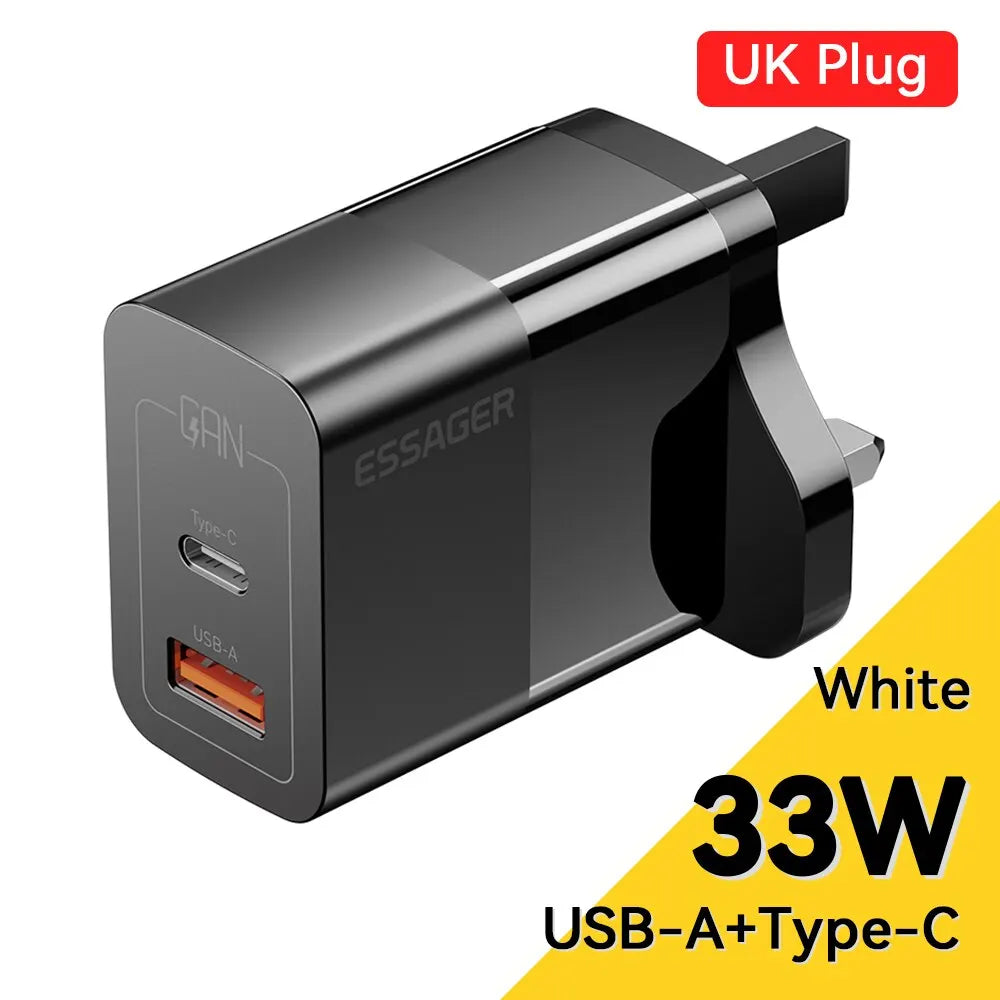Caricatore USB-C GaN 33W Essager – Ricarica Rapida PD per iPhone 14 13 12 11 Pro Max, iPad, Xiaomi, Samsung