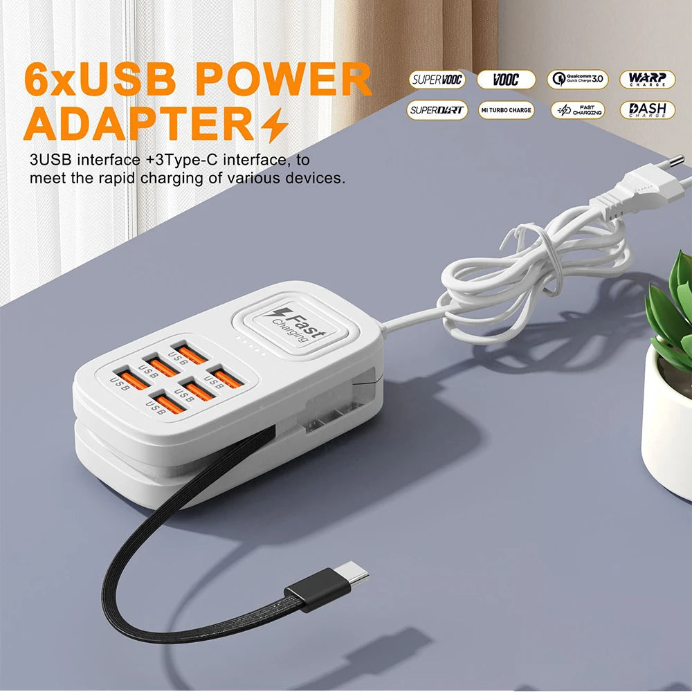 Ciabatta USB 6 Porte con Ricarica Rapida – 3 USB + 3 USB-C | Spina EU/UK/US