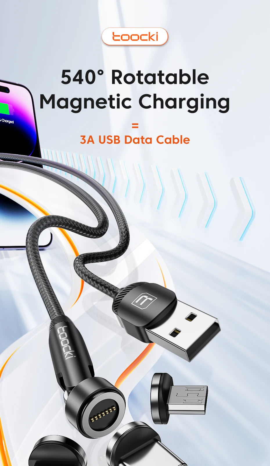 Cavo Magnetico Toocki 540° Rotante – Ricarica Rapida 3A | USB-C, Lightning, Micro USB | 1m o 2m