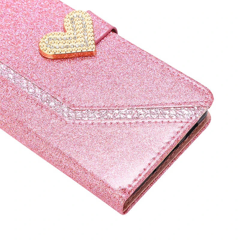 Custodia Shiny con Portafoglio per iPhone 17 ProMax Air 16E 15 Plus 14 13 Pro Max 12 Mini 11 Pro XR XS Max – Cover Flip in Pelle con Glitter