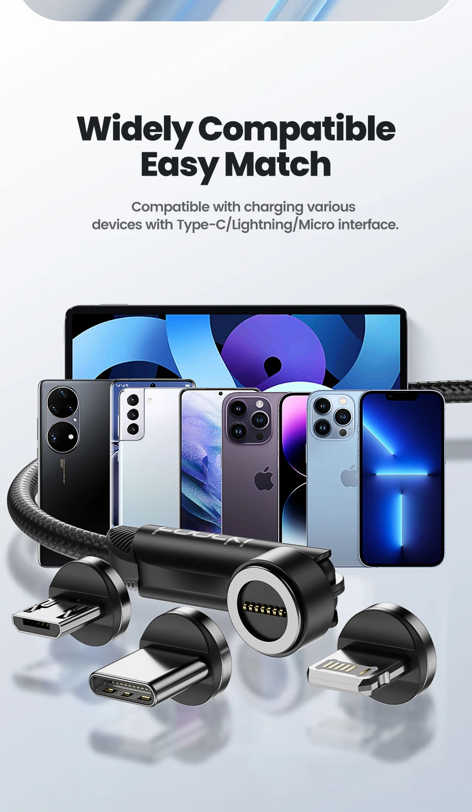 Cavo Magnetico Toocki 540° Rotante – Ricarica Rapida 3A | USB-C, Lightning, Micro USB | 1m o 2m