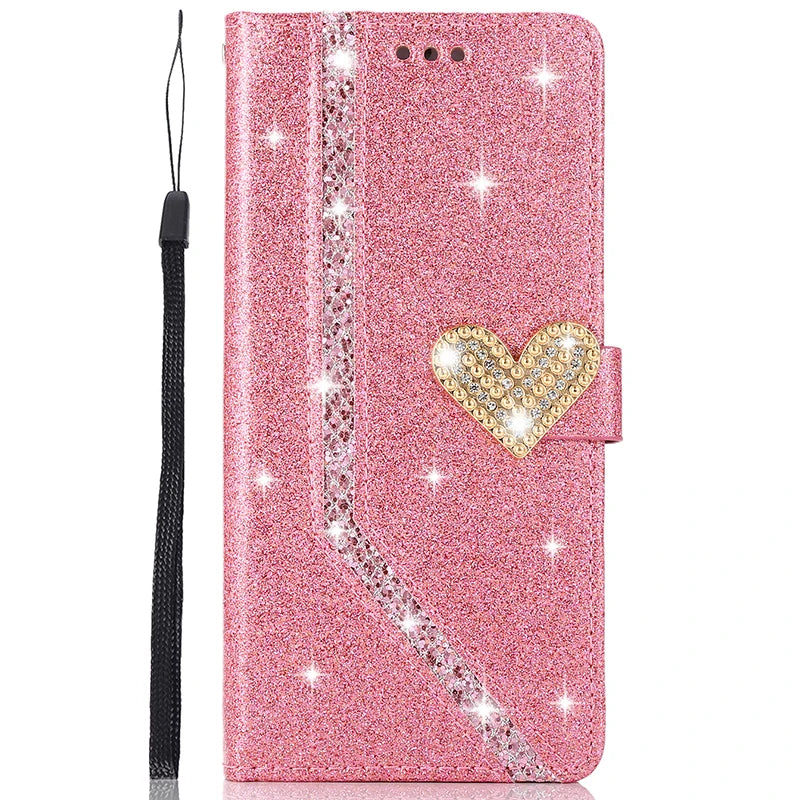 Custodia Shiny con Portafoglio per iPhone 17 ProMax Air 16E 15 Plus 14 13 Pro Max 12 Mini 11 Pro XR XS Max – Cover Flip in Pelle con Glitter