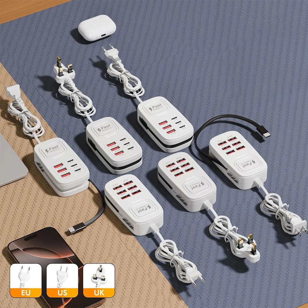 Ciabatta USB 6 Porte con Ricarica Rapida – 3 USB + 3 USB-C | Spina EU/UK/US