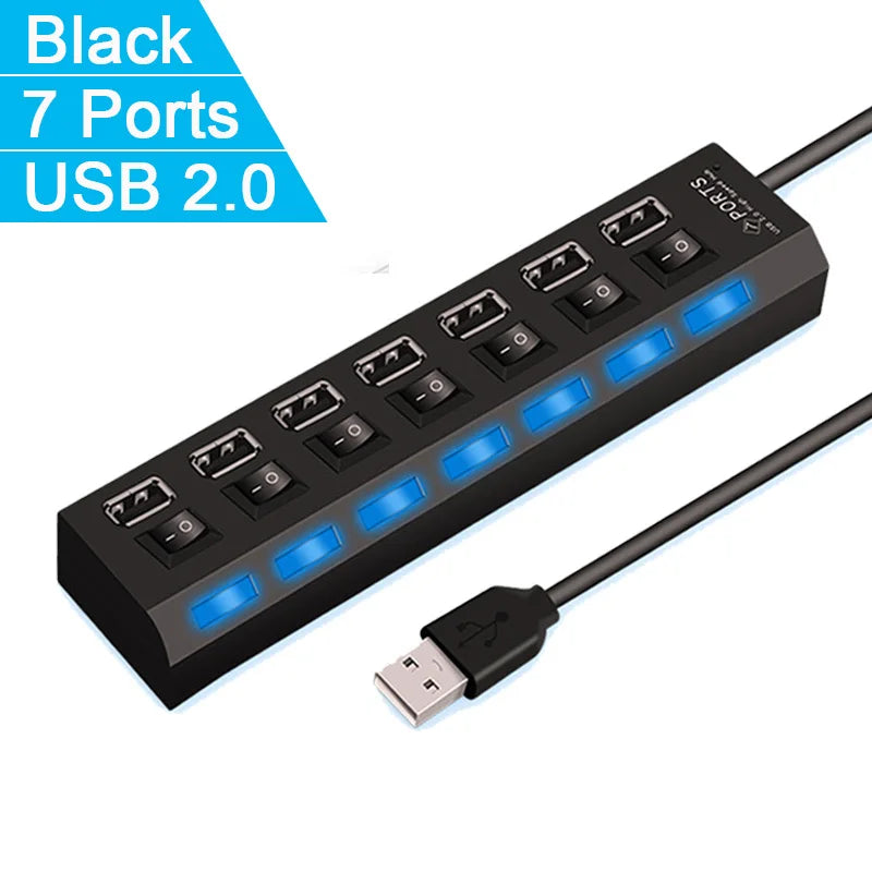 Hub USB 2.0 Alta Velocità 4/7 Porte con LED e Switch – Splitter per PC e Laptop | Nero o Bianco
